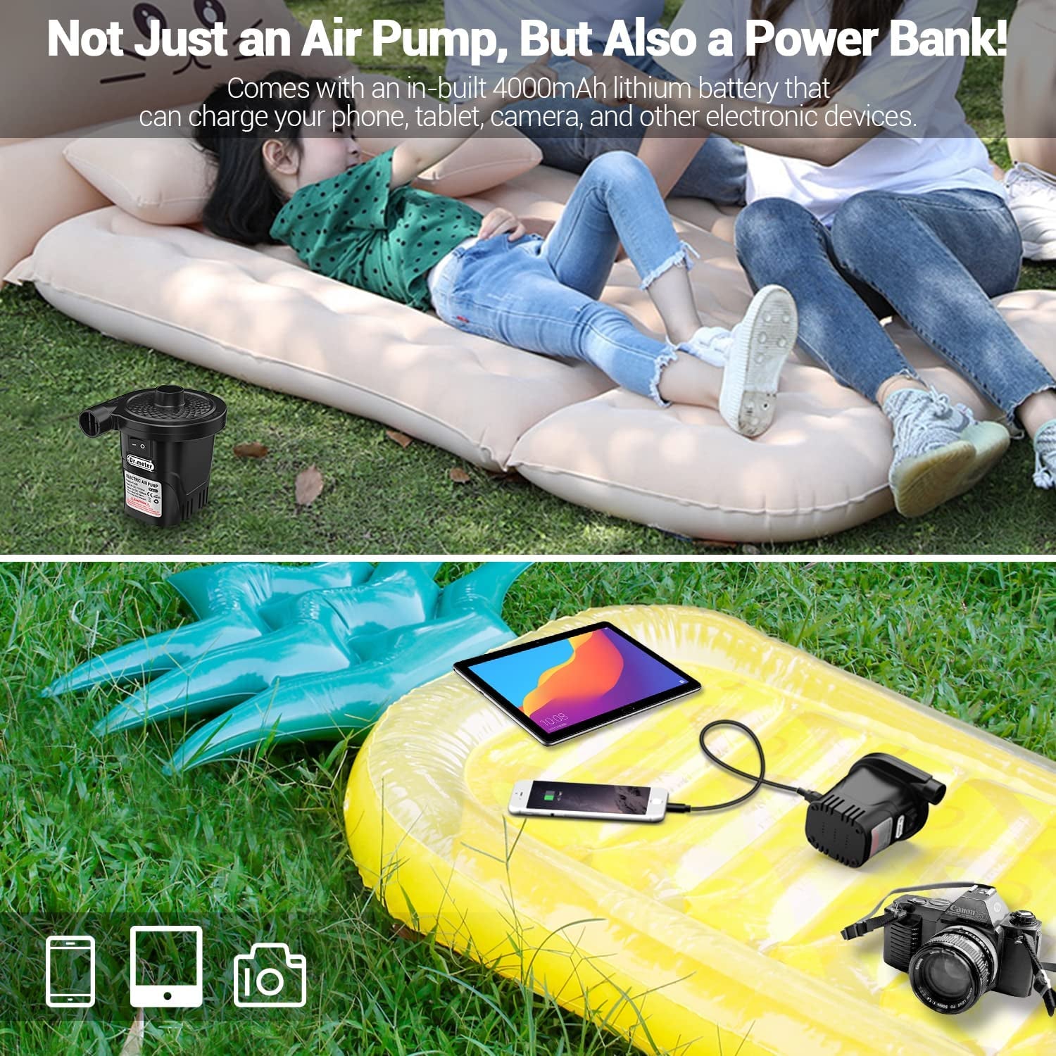 Electric Air Pump for Inflatables: Rechargeable 4000Mah Battery Air Mattress Pump -  Portable Quick-Fill Inflator Deflator for Outdoor Camping Bed Pool Boat Float Raft Yoga Balls Snow Tube